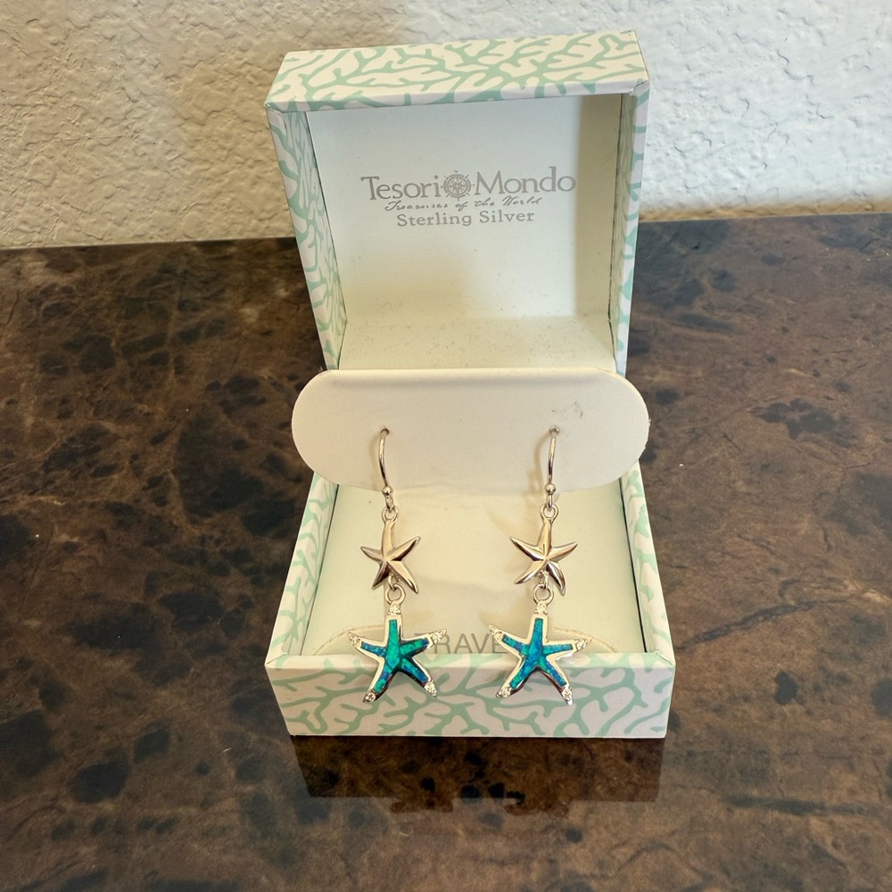 New! Sterling Silver Starfish Earrings - Lab Created Blue Opal and Silver